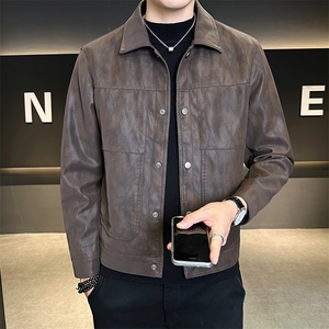 25883-M一4XL-P145店主风秋季新款男士翻领简约百搭纯色皮衣外套图片