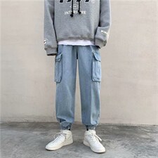 主推款 潮牌工装束脚大口袋牛仔裤直筒盐系裤子秋冬款k1801-p45图片