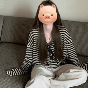 美式复古撞色条纹防晒罩衫t恤女宽松休闲慵懒松弛感上衣薄款图片