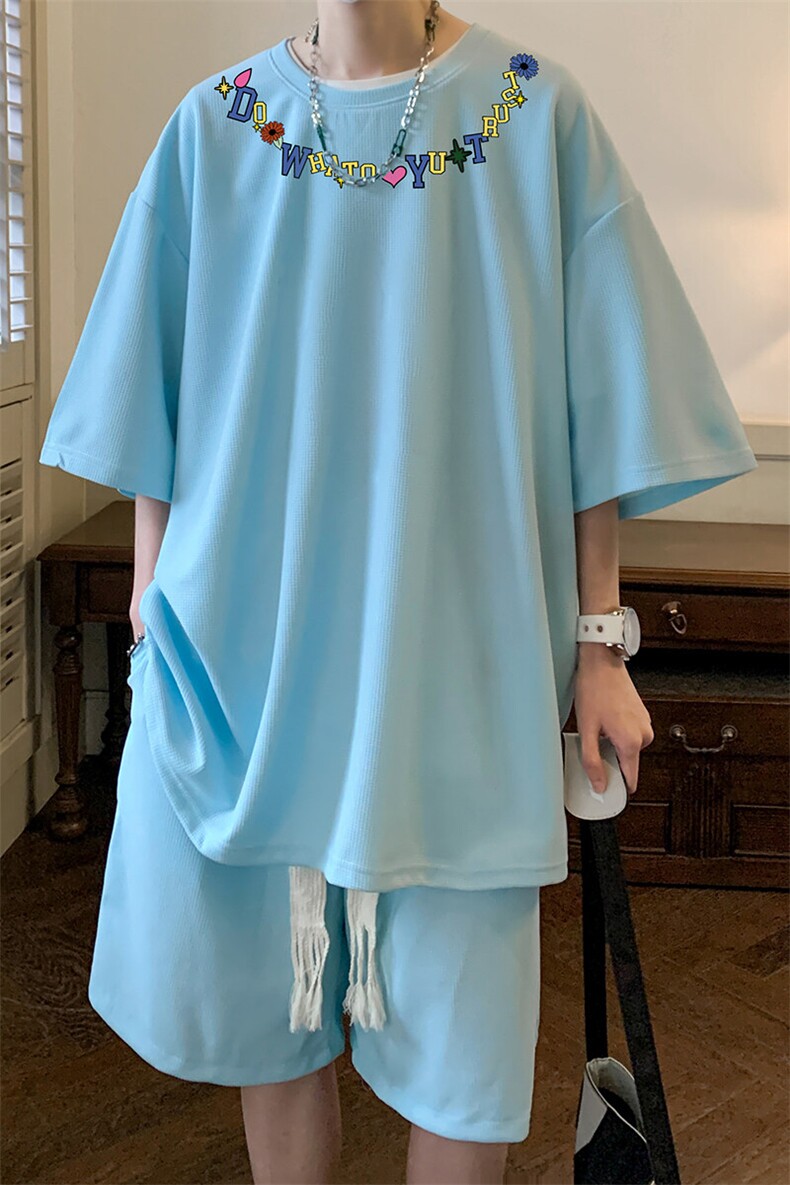 华夫格套装运动短袖t恤套装休闲两件套一套HZ84381-P44,男装T恤,电商A040