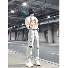 DE0013-P45现货破洞水洗牛仔裤男美式潮牌直筒裤潮-网图现货，男装牛仔裤，星座603-2