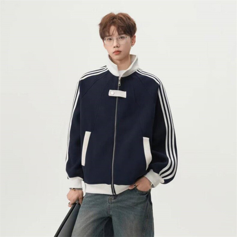 抖音得物品质秋冬美式高街重磅结构拼接织带翻领卫衣夹克外套W113，男装夹克，电商A486-1