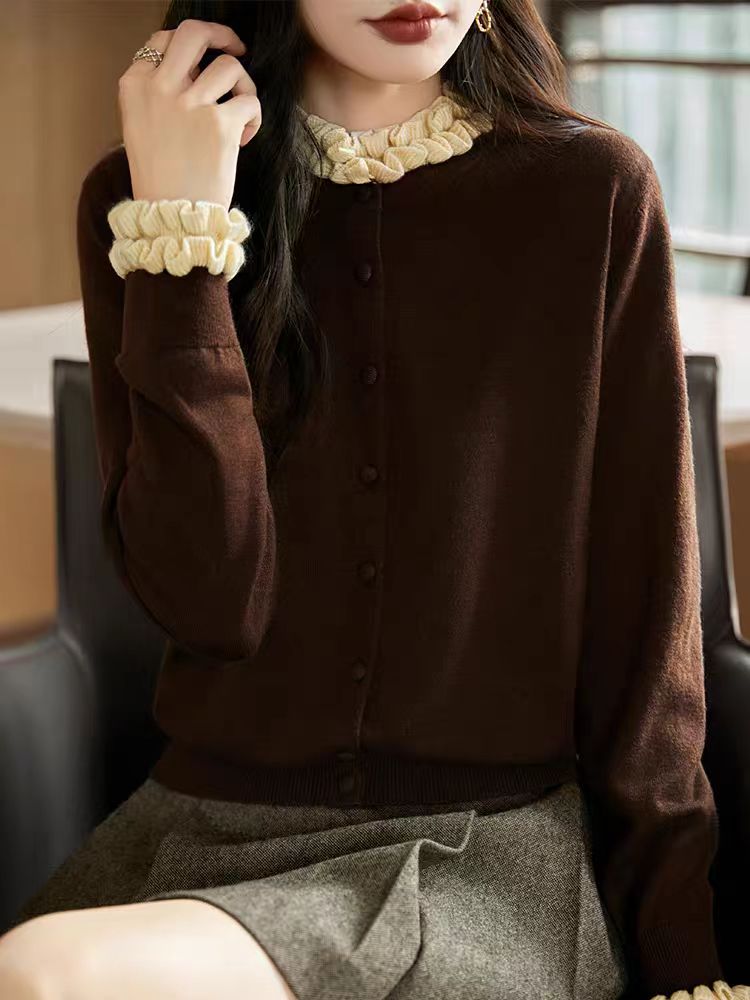 早秋时尚拼接针织开衫外套女2025新款春秋外搭洋气大码女装上衣,针织衫/毛衣,佳绒包芯纱店