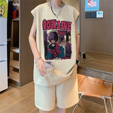 直播品质美式宽松纯棉背心无袖t恤短裤大码两件套套装TZ73-P58，男装T恤，电商A486