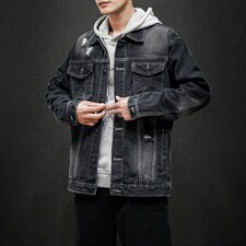 jk575-p95--限价128黑墙牛仔夹克肥仔秋款量足印花大码图片