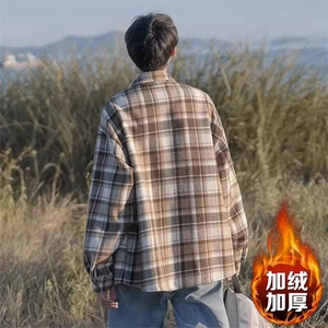 格子衬衫男秋装男款春秋季日系翻领夹克秋季男生毛呢外套加绒图片
