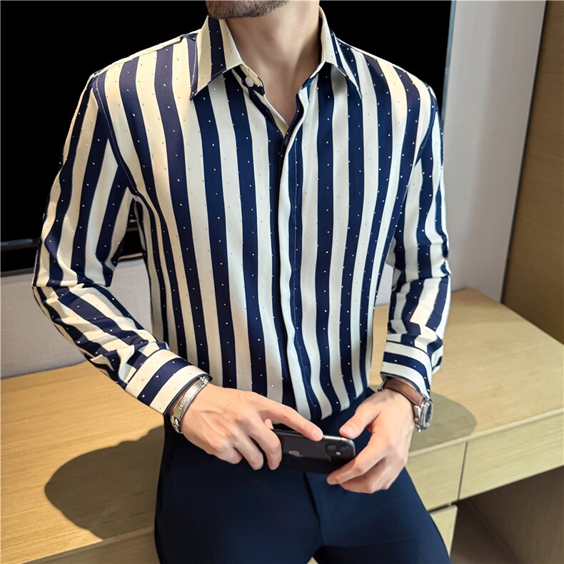 满天星烫钻条纹垂感衬衫男长袖时尚设计感衬衣黑色C9918-P68,男装衬衫,电商A213