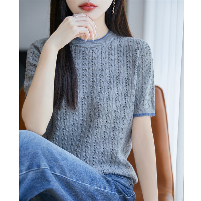 纯棉白色t恤女短袖简约女装高级感上衣宽松薄款透气圆领针织小衫,女装T恤,秋双羊绒