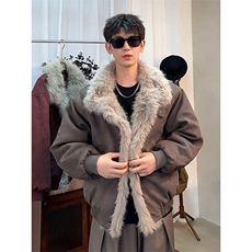 现货重磅硬挺boxy羽绒棉衣座山雕大毛毛领洗水麂皮棉服冬外套，男装棉衣，电商A443