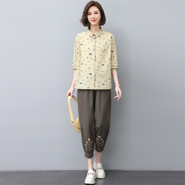 棉麻裤子套装女2022秋季新款女装时尚休闲妈妈今年流行两件套，女装大码女装，奕阳依阁