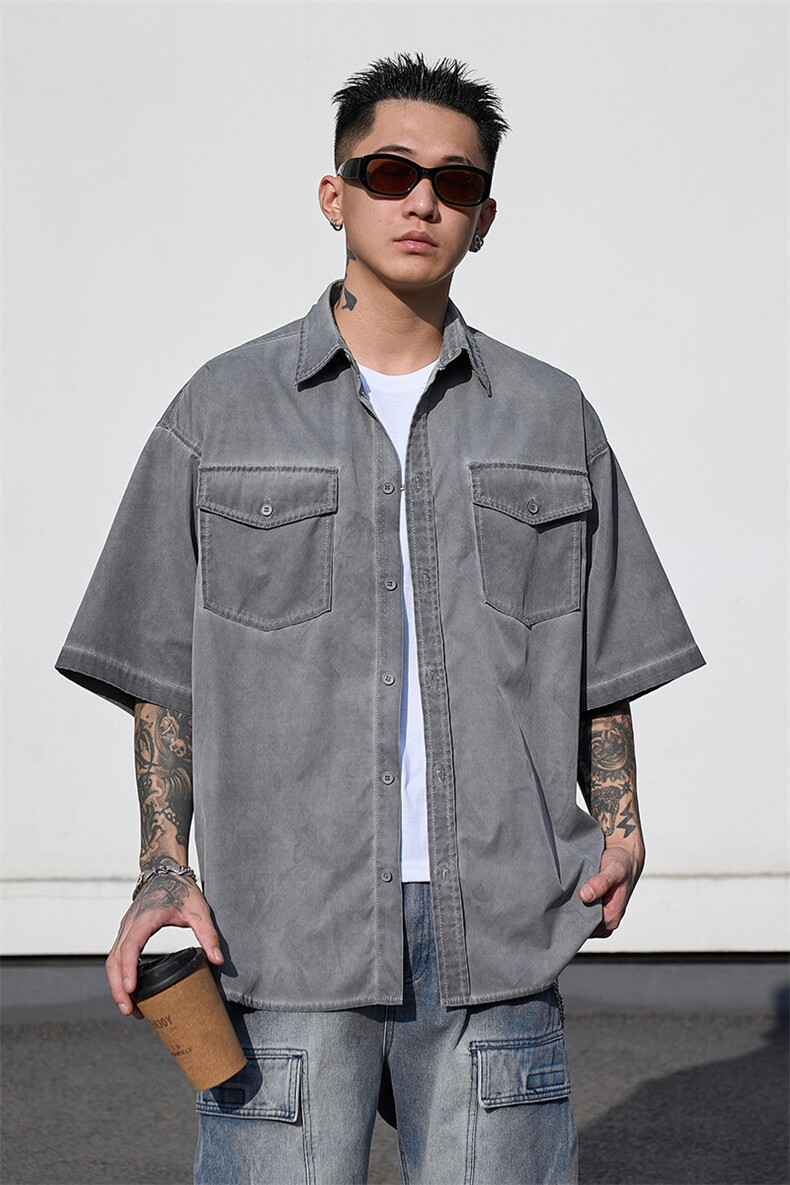 美式工装衬衫短袖夏季宽松纯棉脏染衬衣男A436-0629-P5578,男装衬衫,电商A436