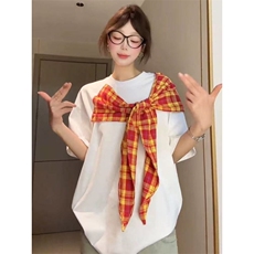 美式复古格纹蝴蝶结短袖t恤女夏季小众宽松慵懒风半袖上衣TX1043，男装T恤，星座208-5