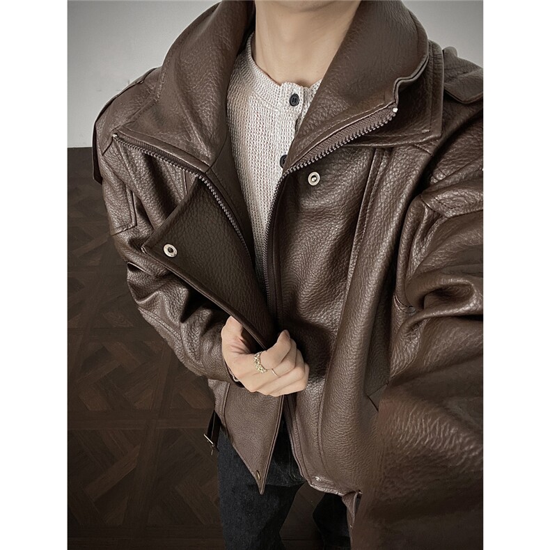 荔枝纹双层领廓形大码M-5XL机车面层PU皮衣JK78095特P108控,男装皮衣,星座226-1