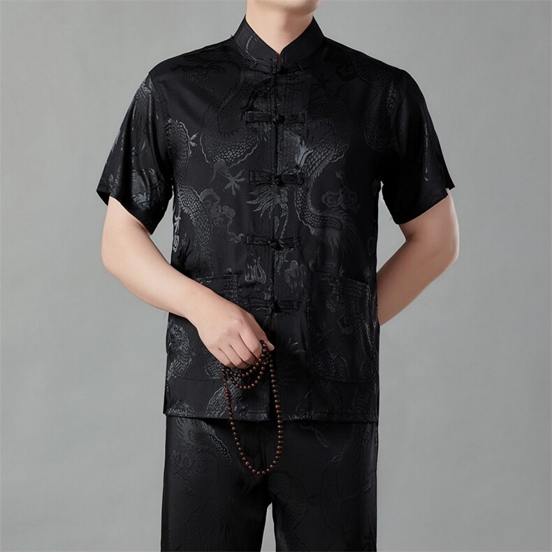 唐装冰丝男短袖套装中老年汉服春夏爸爸装男风老人爷爷太极服,男装民族服装,电商B212（原钱塘6029）