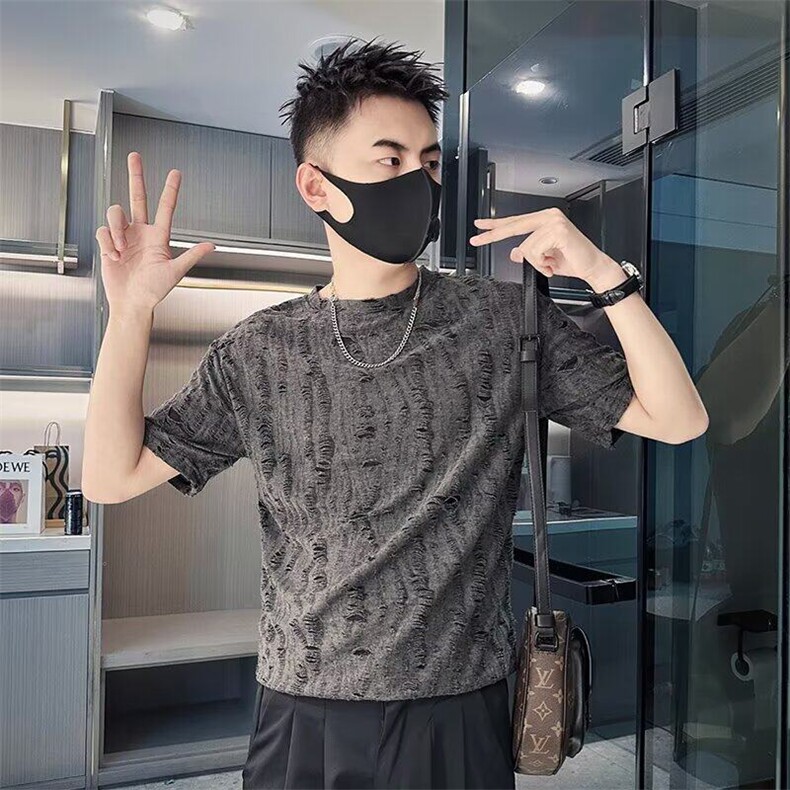 网络图现货新款男潮牌痞帅破洞设计感半袖潮流高街t恤RB127-P28,男装T恤,星座1005-4