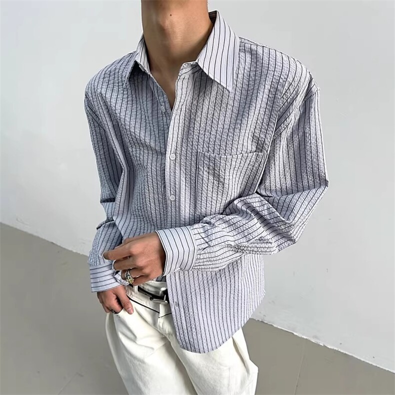 yghome春秋韩系极简蓝色条纹衬衫男长袖宽松休闲复古内搭翻领衬衫,男装衬衫,星座506A