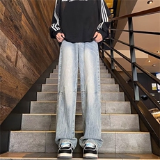 美式复古高街竹节纹针缝牛仔裤男微喇裤宽松直筒帅长裤RK2070-P46，男装牛仔裤，星座412-3