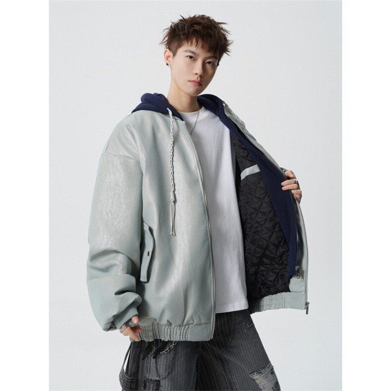 706-LK7071-P128现货冬季男士假两件连帽pu皮棉衣保暖棉服外套,男装皮衣,星座706