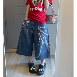 美式复古3D链条印花七分牛仔裤夏季高街设计感宽松显瘦阔腿短裤图片