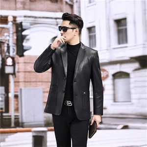 春秋款男士绵羊皮西服真皮休闲外套韩版中年男装百搭通勤夹克,西服的搭配休闲图片