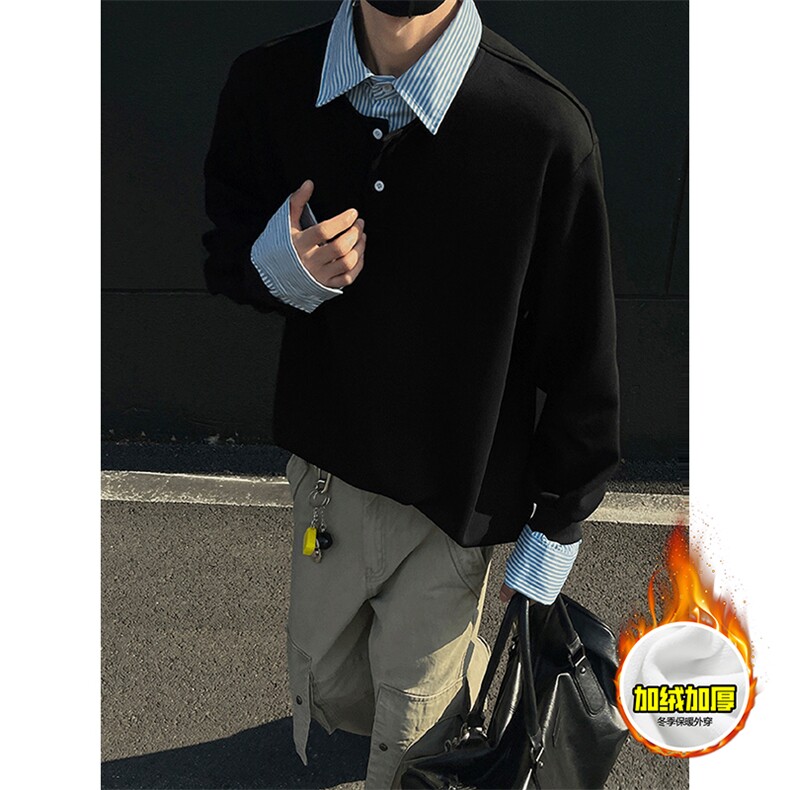 重磅加绒硬挺boxy男女美式高街假两件衬衫领长袖卫衣POLO领打底衫，男装T恤，电商A486-1