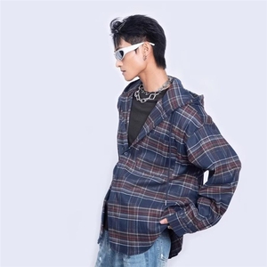 C260-P65 2025秋季新款复古慵懒宽松蓝色格纹连帽衬衫男休闲长袖图片
