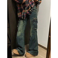 美式复古美式做旧工装牛仔裤子女春秋潮ins宽松口袋微喇叭长裤，男装牛仔裤，星座506A
