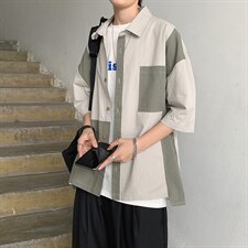 现货拼接工装衬衫2022春夏休闲ins衬衣文艺短袖男外套W684-P30，男装衬衫，星座512-2