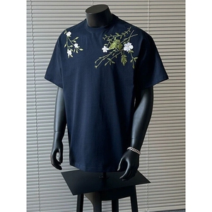 现货新中式花卉刺绣短袖T恤男女百搭圆领夏装上衣服潮LC26599-p43图片