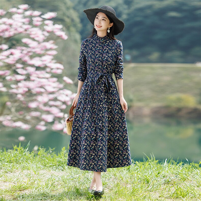 苏杭高端亚麻长袖连衣裙2025年春季新款妈妈打底减龄时尚收腰外穿，女装连衣裙，水衣源