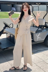米色韩系气质马甲套装女2025夏季新款高级感无袖上衣阔腿裤两件套，女装套装/套裙，2D075