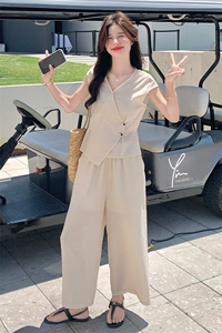 米色韩系气质马甲套装女2025夏季新款高级感无袖上衣阔腿裤两件套图片