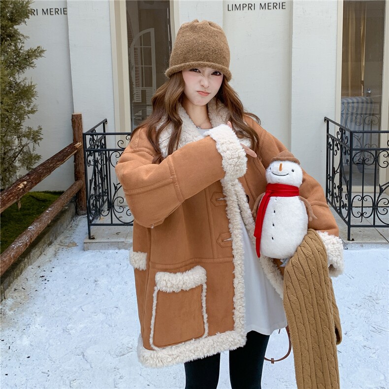咖色复古双面穿麂皮绒羊羔毛外套女2025冬季保暖加厚皮毛一体棉服，女装羊羔毛/颗粒绒，乐吉娜