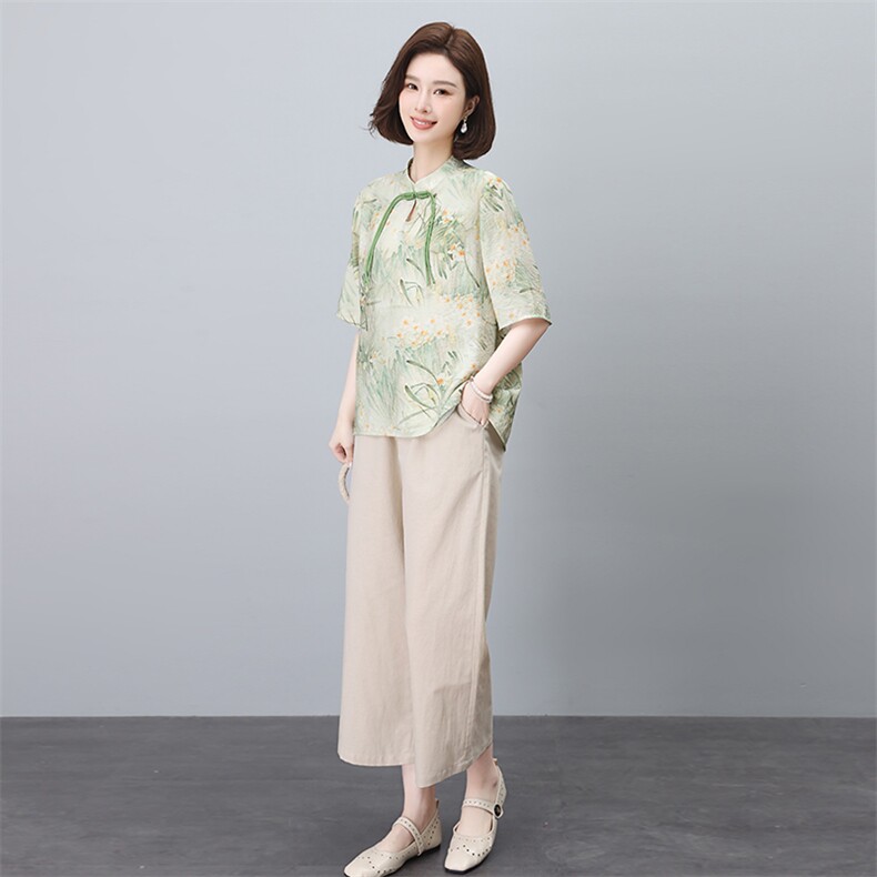 新中式国风棉麻套装女2025夏装新款时尚中年妈妈阔腿裤亚麻两件套,女装套装/套裙,依恋蒂丝