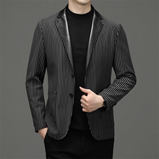 男翻领皮西服男士春秋新款PU真皮夹克条纹时尚休闲西装外套潮流，男装夹克，钱塘6003（原4033）