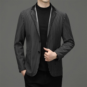 男翻领皮西服男士春秋新款PU真皮夹克条纹时尚休闲西装外套潮流图片