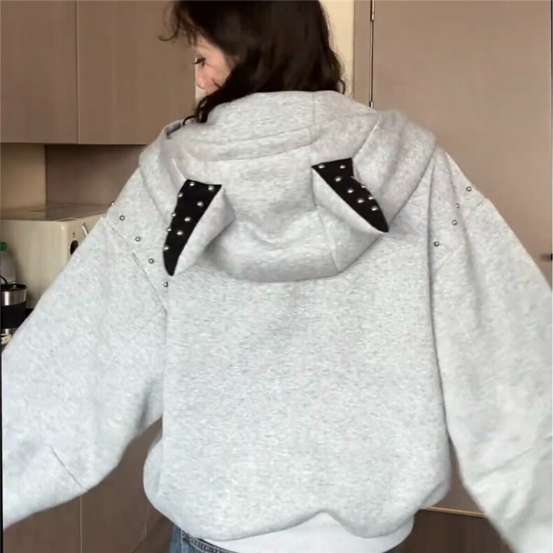 6168-P72美式重磅解构连帽外套冬季潮牌设计感拼接卫衣,女装短外套,电商B323A