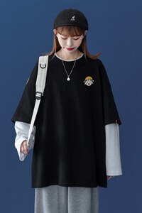 ！2023春季宽松动漫印花潮流情侣假两件长袖T恤 T151 P35控48图片