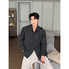 日系复古解构压褶长袖衬衫男春秋老钱风双排扣简约通勤翻领衬衣，男装衬衫，星座506A