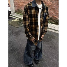 复古黄色格纹衬衫男女春秋ins宽松休闲百搭拼接牛仔长袖外套C33，男装衬衫，星座1116A（原606A-3）