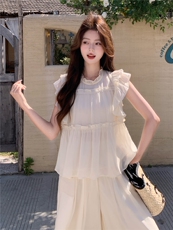 超仙时尚雪纺无袖木耳边套装女2026夏新款半透减龄阔腿裙裤两件套，女装套装/套裙，水衣源