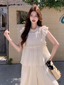 超仙时尚雪纺无袖木耳边套装女2026夏新款半透减龄阔腿裙裤两件套图片