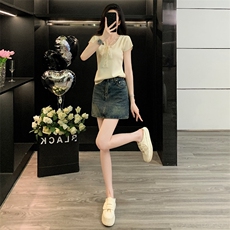 慵懒风时尚套装裙女夏季新款蕾丝拼接蝴蝶结针织衫牛仔短裙两件套，女装套装/套裙，江南