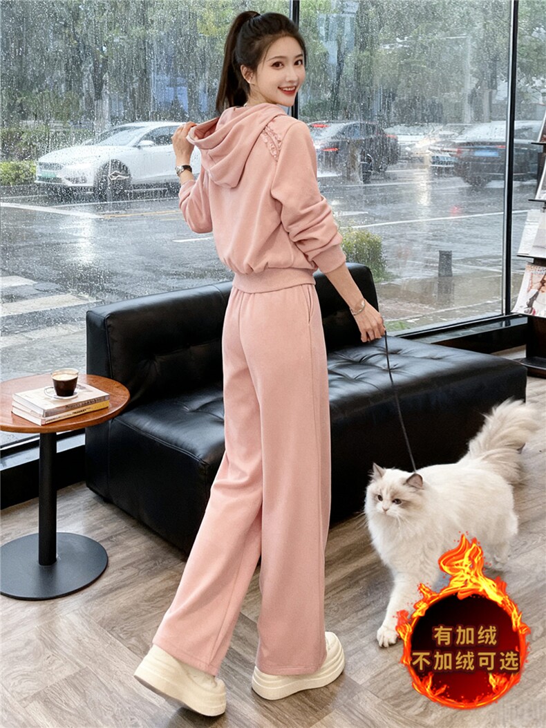 时尚休闲运动套装女秋冬新款宽松显瘦连帽开衫卫衣阔腿长裤两件套,女装套装/套裙,江南