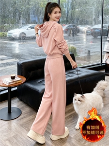 时尚休闲运动套装女秋冬新款宽松显瘦连帽开衫卫衣阔腿长裤两件套图片