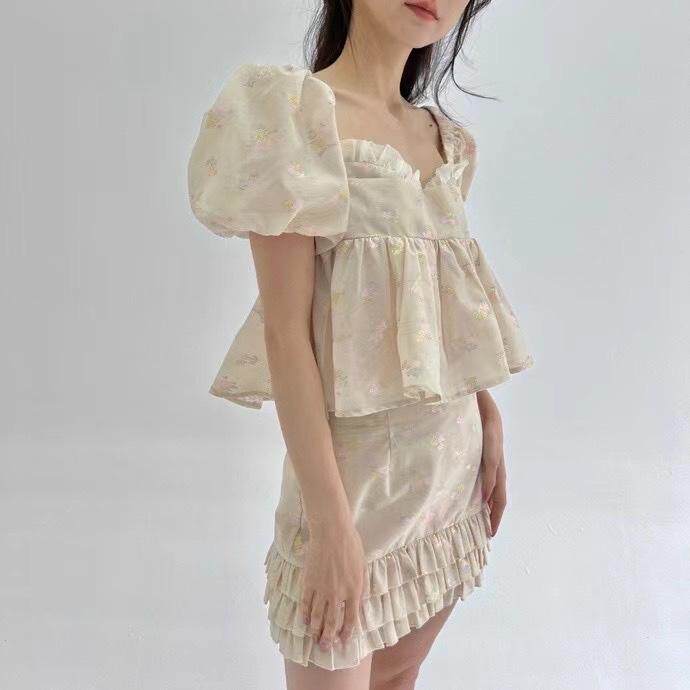 泡泡袖娃娃领套装，女装职业装，HE