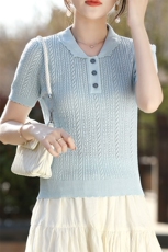 韩系娃娃领灰色正肩短袖t恤女夏收腰短款冰丝针织衫polo翻领上衣，女装T恤，鑫源羊绒