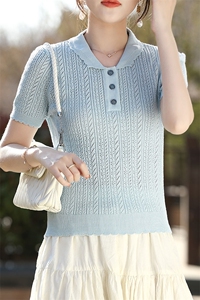 韩系娃娃领灰色正肩短袖t恤女夏收腰短款冰丝针织衫polo翻领上衣图片