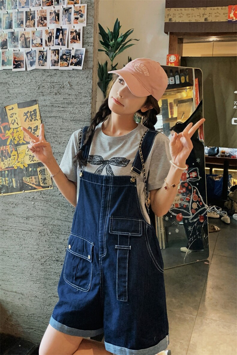 港风复古蓝色牛仔背带裤女夏季2025新款印花T恤阔腿裤,女装连体裤,帛香坊