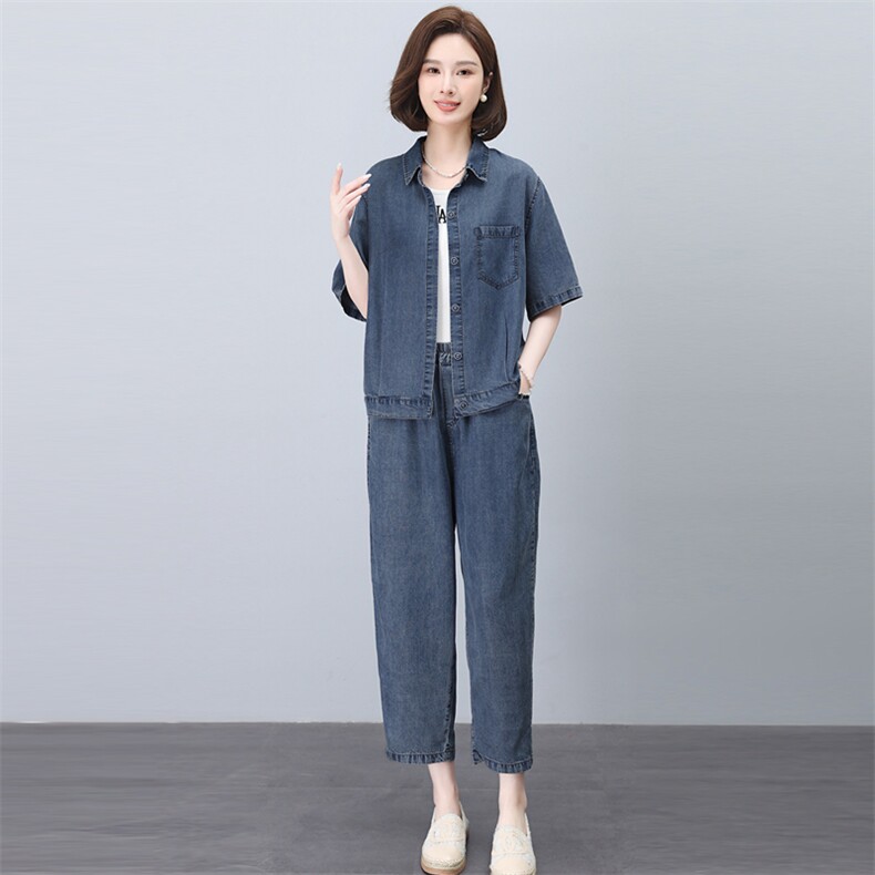 时尚薄款牛仔套装女夏季2025新款宽松休闲中年妈妈洋气减龄两件套,女装套装/套裙,悦见她